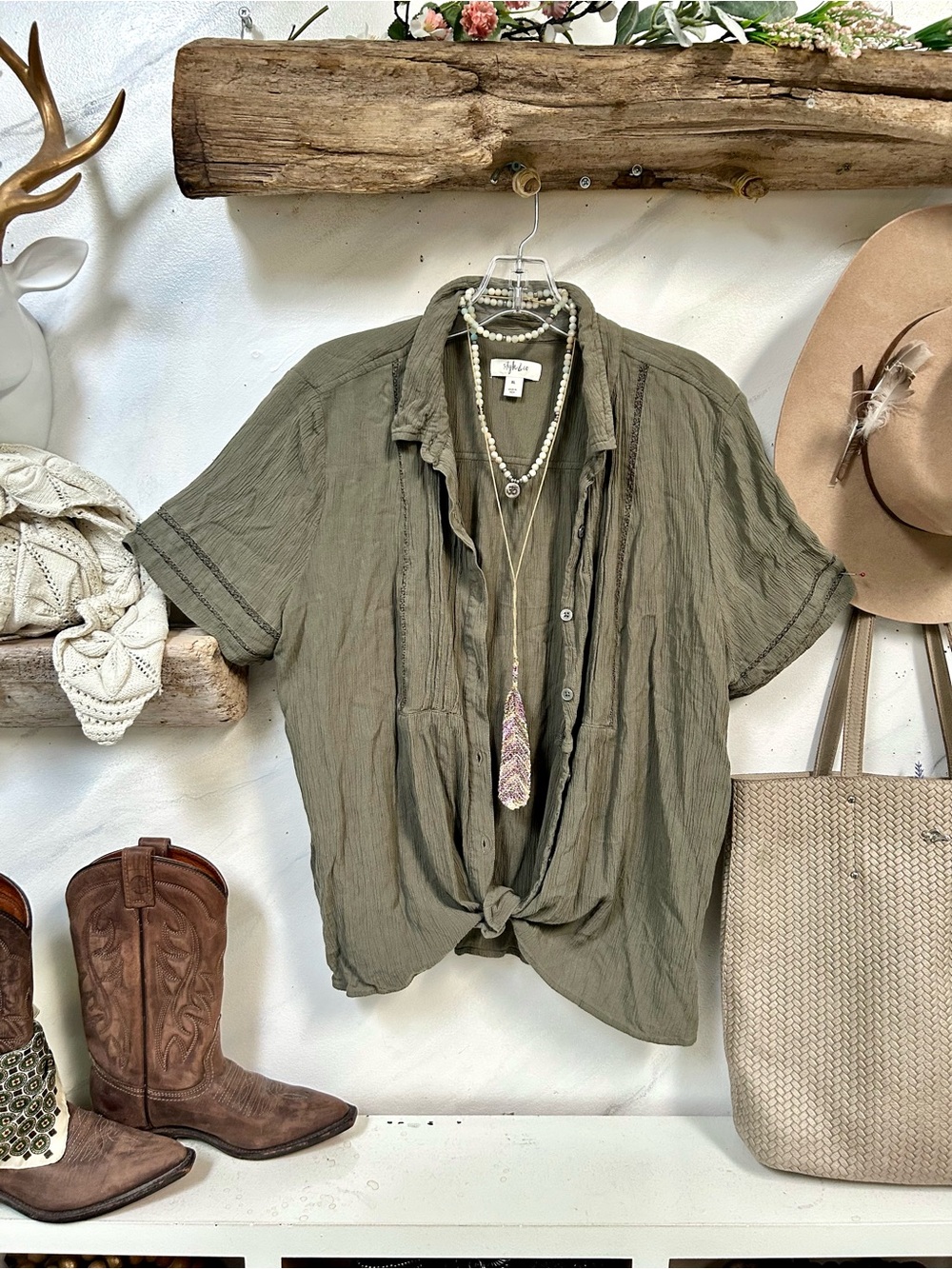 Style & Co. Olive Green Short-Sleeve Button-Down Shirt w crochet detailing